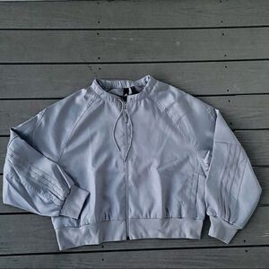 Adidas Jacket XL Gray Silver Satin Bomber Track Windbreaker Glam Cover Up